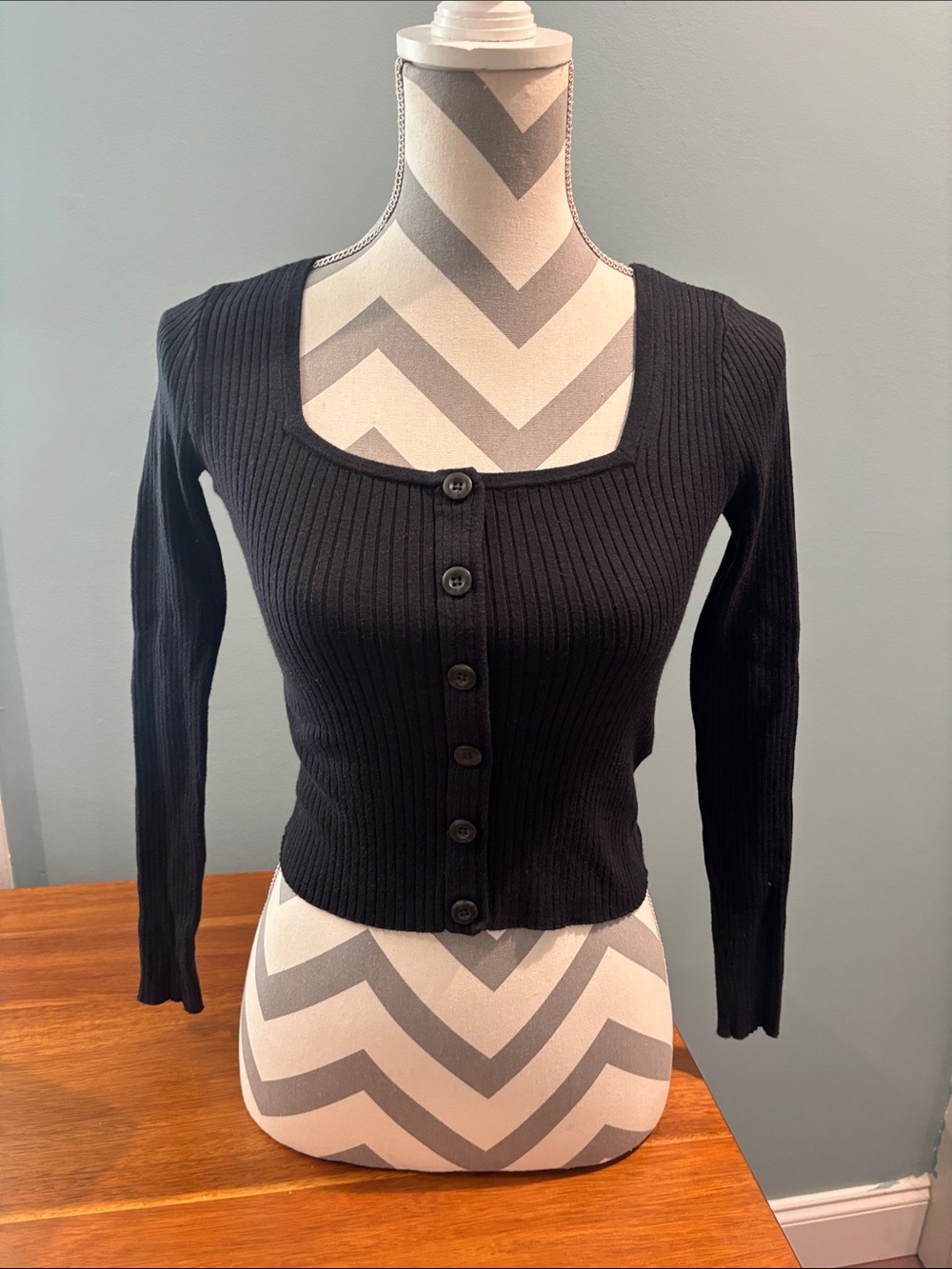 Madewell Black Ribbed Button-Front Long Sleeve Top
